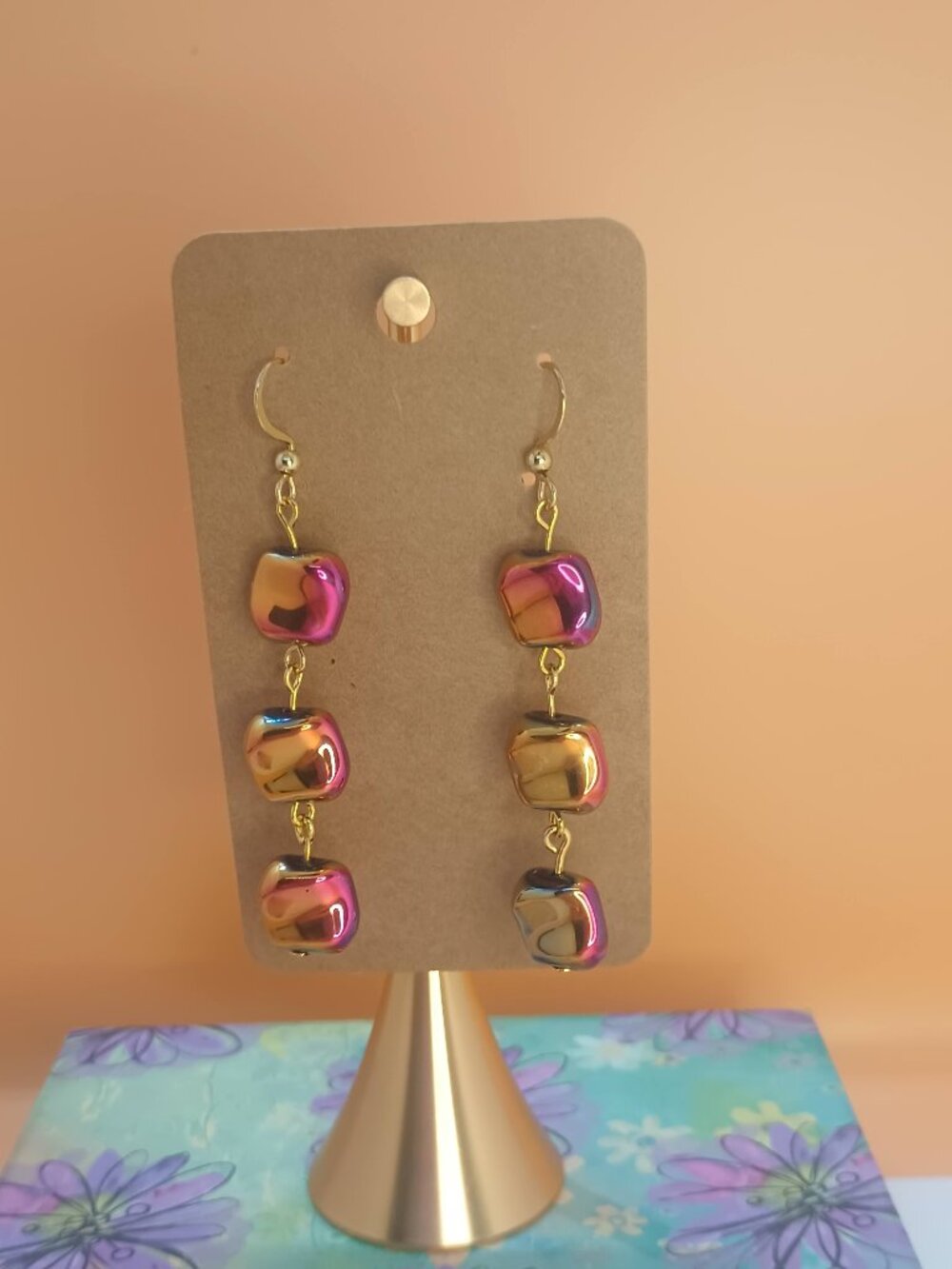 Pink and Gold Iridescent 3 Bead Dangle Earrings